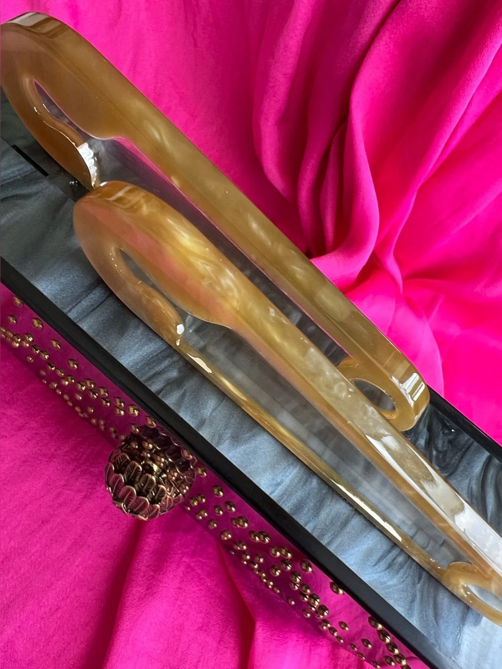 Kurt Geiger Kensington safety pin box clutch on chain gray mother of pearl NWT